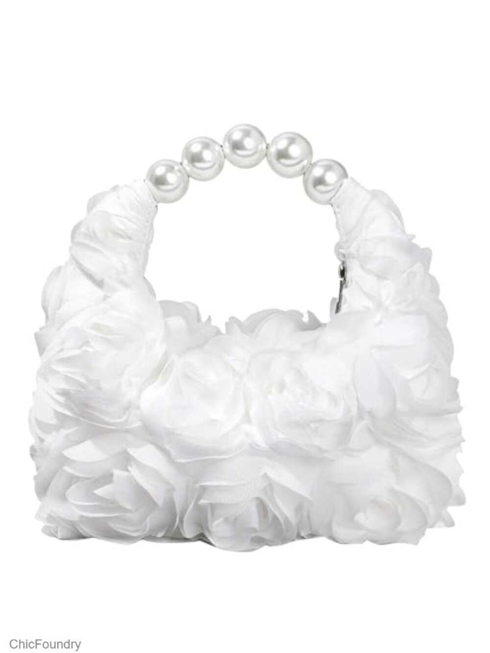Imitation Pearl Handle Floral Evening Clutch Zipper Wristlet Formal Bag